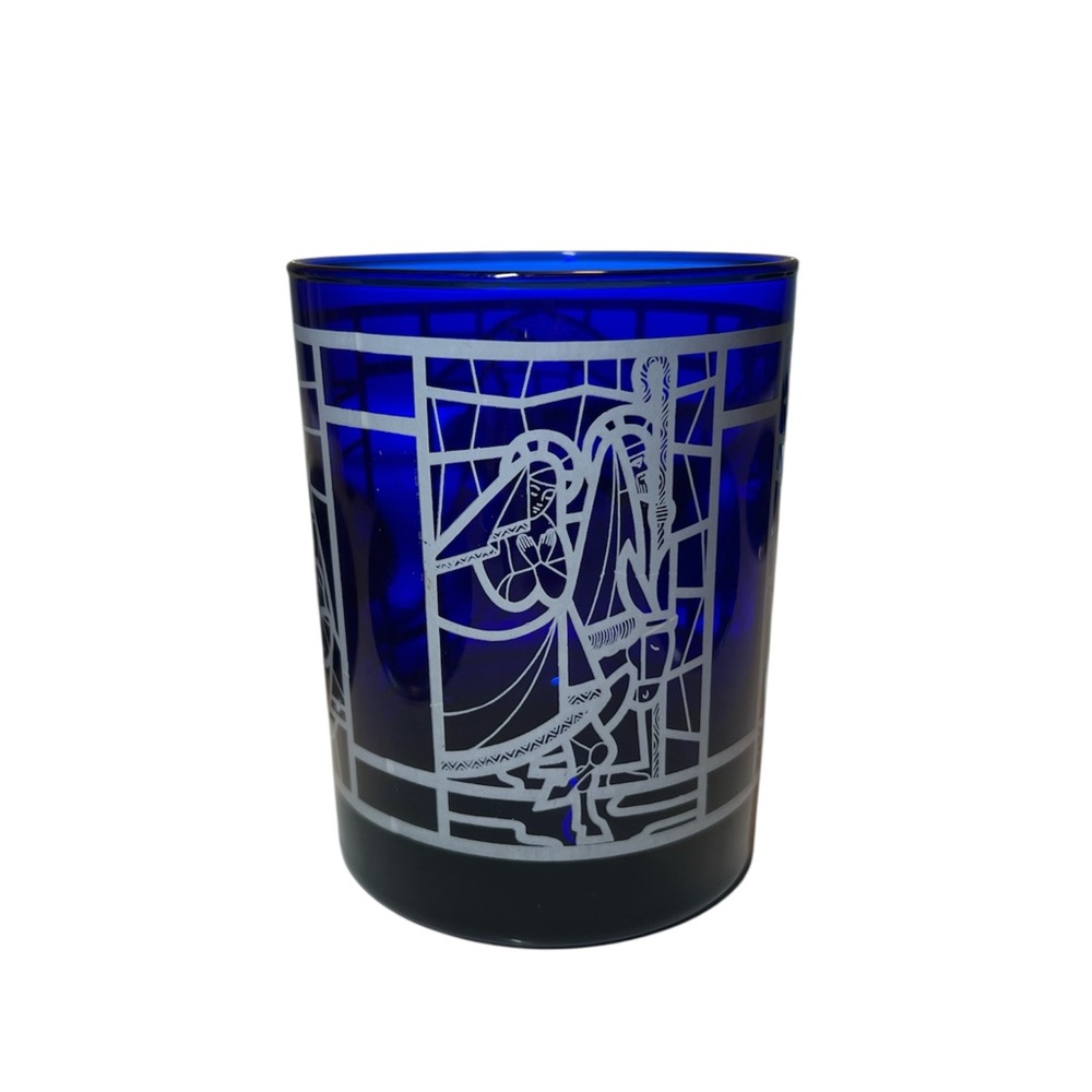Vintage Cobalt blue votive candle holder Mary, Jesus religious theme